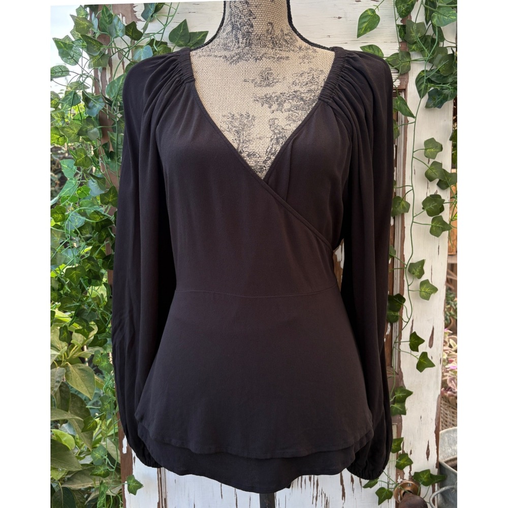Old Navy Puff-Sleeve Smocked Wrap Blouse Black Peplum Tie Waist Women's Size M